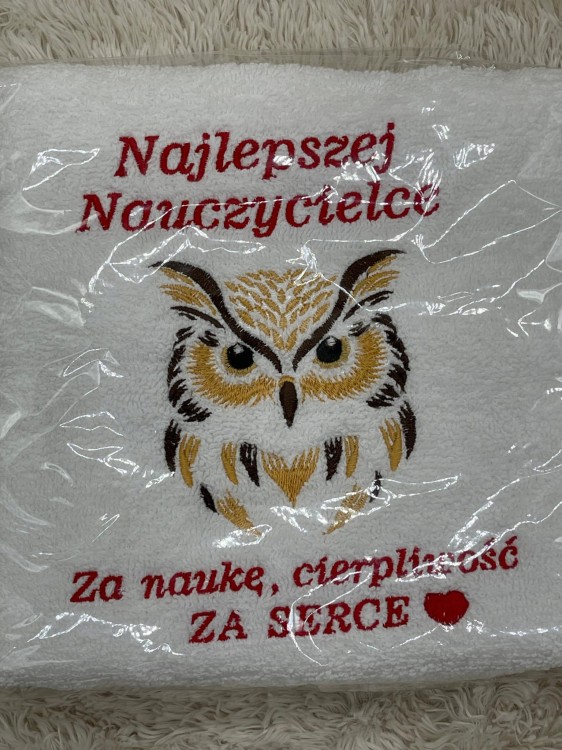 Ręcznik z sową i podziękowaniem dla najlepszej nauczycielki