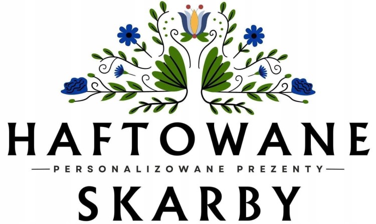 Logo Haftowane Skarby z kwiatowym motywem