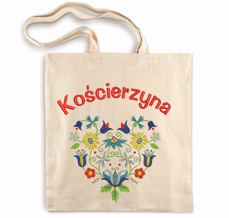 Torba ecru z kaszubskim haftem i napisem Kościerzyna