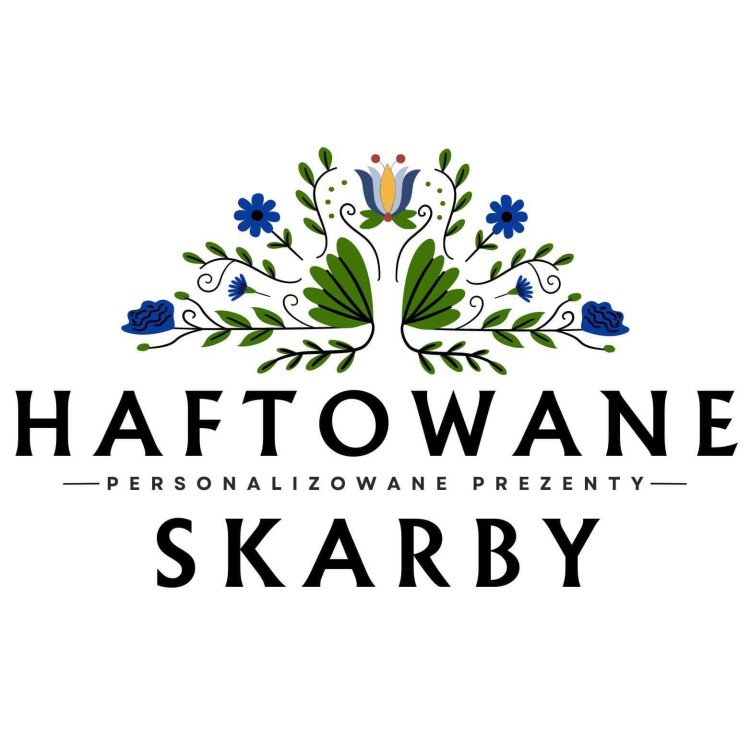 Logo Haftowane Skarby z kwiatowym motywem