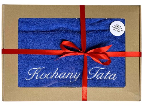 Niebieski ręcznik z haftowanym napisem Kochany Tata w pudełku prezentowym