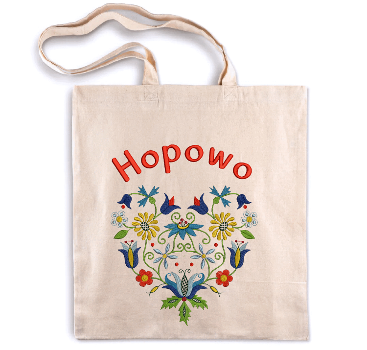 Torba ecru z kaszubskim haftem i napisem Hopowo
