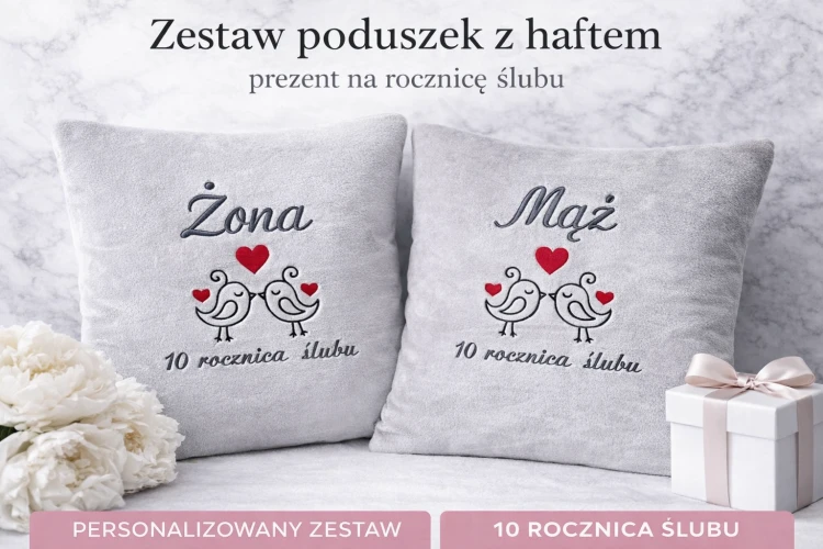 Zestaw poduszek Żona i Mąż z dedykacją na dziesiątą rocznicę ślubu