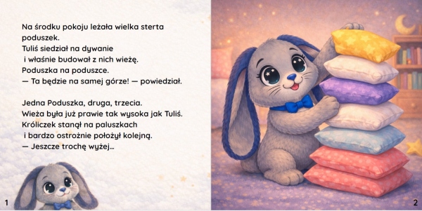Rozkładówka książeczki Tuliś i spokojny wieczór ze stosem kolorowych poduszek