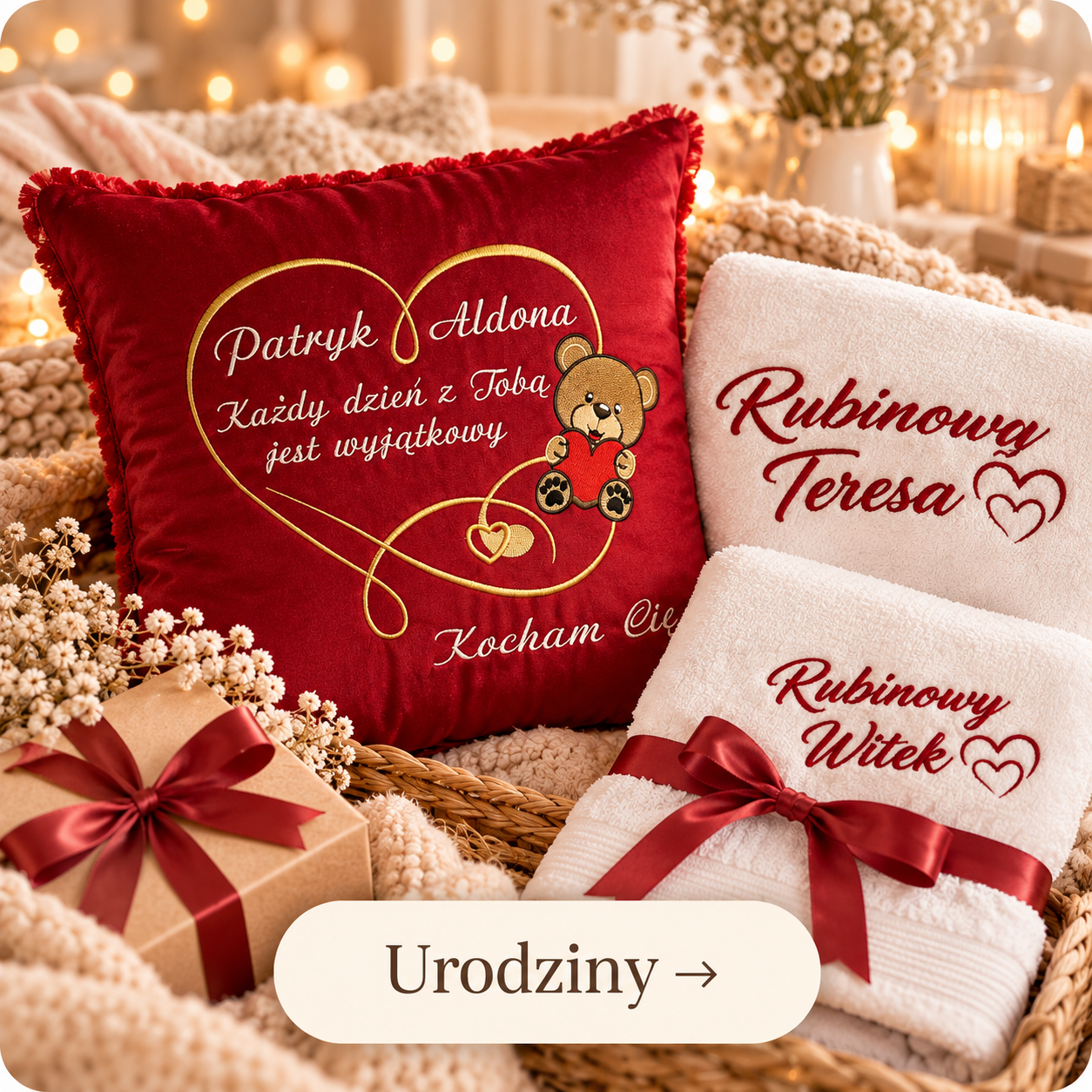 Personalizowana poduszka i ręczniki z haftem – prezenty na urodziny